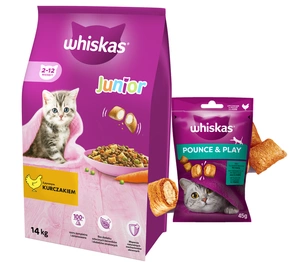 WHISKAS Hrană uscată pentru pisoi Junior cu pui 14kg+WHISKAS Energie și vitalitate 45g