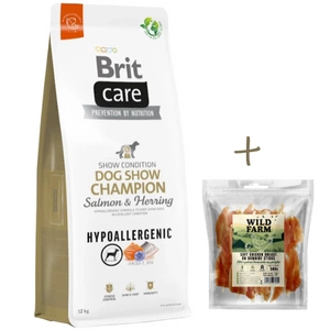 BRIT CARE Dog Hypoallergenic Dog Show Champion Somon și hering 12 kg + WILD FARM File de piept de pui pe băț 500 g gustare pentru câini