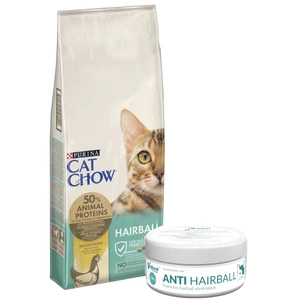 PURINA Hrană pentru pisici cu ghemotoace de păr, bogată în pui, 15 kg + VETFOOD Anti-ghemotoace de păr 100 g