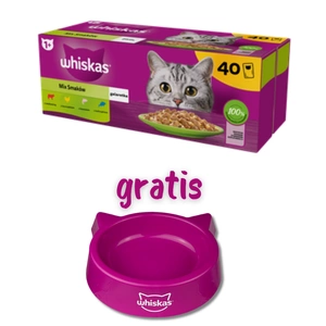 WHISKAS Adult pungi 40 x 85 g Mix de arome - hrană umedă pentru pisici adulte, în jeleu (bucăți cu: vită, pui, somon, ton) + BOL PENTRU PISICI GRATUIT!!!