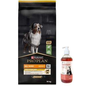 PRO PLAN Light Sterilised Hrană pentru câini adulți de toate dimensiunile, bogată în carne de vită 14 kg + LAB V Ulei de somon pentru câini și pisici 500 ml