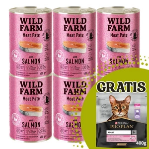 WILD FARM Pate cu somon 6x400g+ PRO PLAN Hrană pentru pisici adulte 400g GRATUIT!