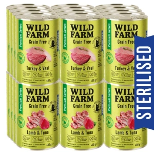 WILD FARM Premium Grain Free Turkey and Veal / Lamb and Tuna 24x400g - hrană fără cereale pentru pisici sterilizate