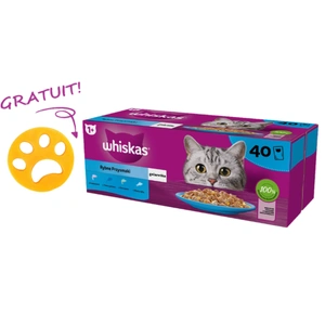 WHISKAS Pliculețe pentru pisici adulte 40 x 85 g Fish Delicacies - hrană umedă pentru pisici adulte, în jeleu (bucăți cu: somon, ton, cod, coregon) + Soluție de curățat pentru mașina de spălat GRATUITĂ!