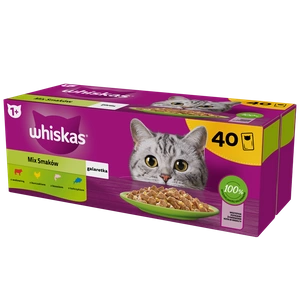 WHISKAS Adult pungi 40 x 85 g Mix de arome - hrană umedă pentru pisici adulte, în gelatină (bucăți cu: vită, pui, somon, ton)