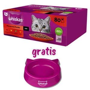 WHISKAS Adult pungi 80 x 85 g Classic Meals – hrană umedă pentru pisici adulte, în sos (bucăți cu: vită, pui, miel, păsări) + BOL PENTRU PISICI GRATUIT!!!