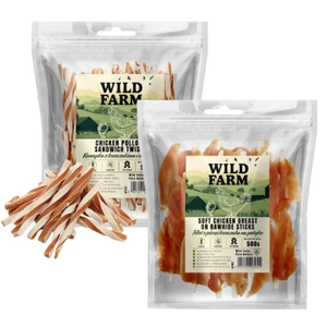 WILD FARM sandviș cu pui și cod 500 g gustare pentru câini + WILD FARM file de piept de pui pe băț 500 g gustare pentru câini