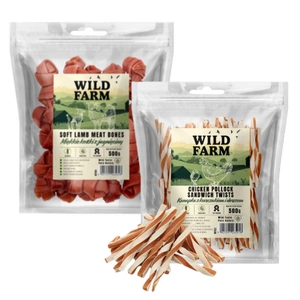 WILD FARM sandviș cu pui și cod 500 g gustare pentru câini + WILD FARM cuburi moi de miel 500 g gustare pentru câini