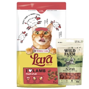 VERSELE-LAGA Lara Adult Lamb 7 kg – hrană pentru pisici adulte cu miel + WILD FARM steluțe de miel cu taurină 50 g gustare pentru pisici