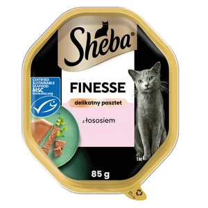 SHEBA Finesse tavă 85 g – hrană umedă completă pentru pisici adulte, cu somon, în pateu