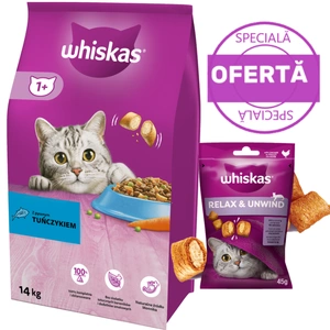 WHISKAS Hrană uscată pentru pisici 1+ cu ton 14 kg + WHISKAS Relaxare și calm 45 g