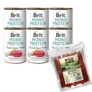 Brit Mono Protein Ton și cartofi dulci 6x400g + WILD FARM file de vită 500g gustare pentru câini