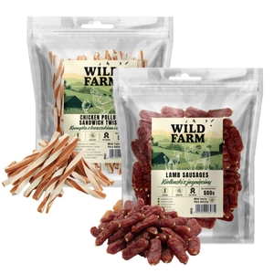 WILD FARM sandviș cu pui și cod 500 g gustare pentru câini + WILD FARM cârnați de miel 500 g gustare pentru câini