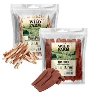 WILD FARM sandviș cu pui și cod 500 g gustare pentru câini + WILD FARM file de vită 500 g gustare pentru câini