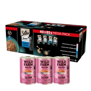 SHEBA Colecția de sosuri cu aromă de pește Pungi 40x85 g – hrană umedă completă pentru pisici adulte cu sos + WILD FARM pateu de somon 3x400 g