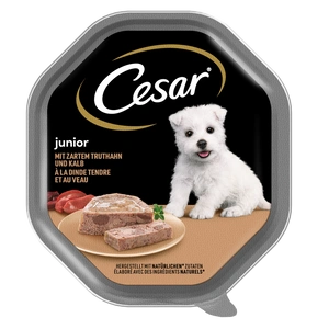 CESAR Junior tavă 150 g – hrană umedă completă pentru căței, cu curcan și vițel, în pateu