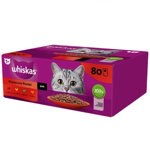 WHISKAS Adult pliculețe 80 x 85 g Classic Meals - hrană umedă pentru pisici adulte, în sos (bucăți cu: carne de vită, pui, miel, pasăre)