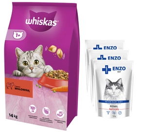 WHISKAS Hrană uscată pentru pisici 1+ cu carne de vită 14kg+ENZO VET Renal cu carne de vită în jeleu pentru pisici 3x100g