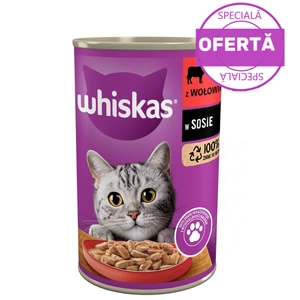 WHISKAS Hrană umedă pentru pisici 1+ cu carne de vită în sos 400 g