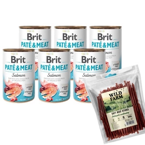 Brit Pate & Meat with Salmon 6x400g+WILD FARM beef sticks 500g tratează câinii