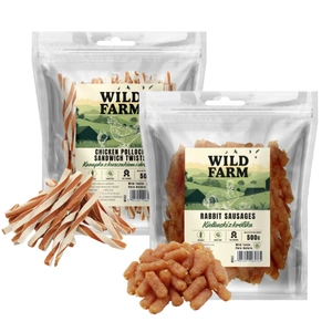 WILD FARM sandwich cu pui și cod 500g tratează câinele+WILD FARM cârnați de iepure 500g tratează câinele