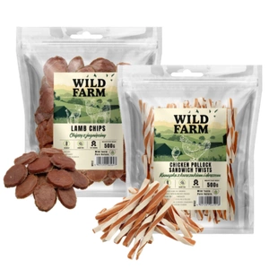 WILD FARM sandviș cu pui și cod 500 g gustare pentru câini + WILD FARM chipsuri de miel 500 g gustare pentru câini