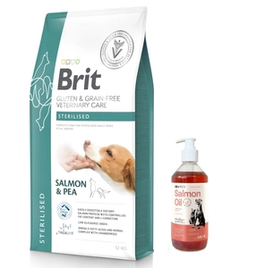 Brit GF Veterinary Diets Dog Gluten &amp; Grain Free Sterilised 12 kg +LAB V Ulei de somon pentru câini și pisici 500 ml