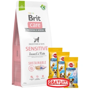 BRIT CARE Sustainable Sensitive Insect &amp; Fish 12 kg + 3xDentaStix GRATUIT!