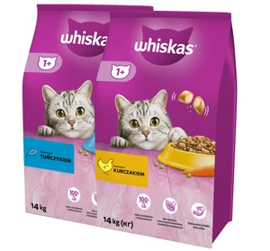 WHISKAS Hrană uscată pentru pisici 1+ cu ton 14 kg+WHISKAS Hrană uscată pentru pisici 1+ cu pui 14 kg