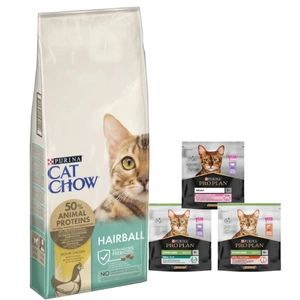PURINA Cat Chow Hrană pentru bile de păr bogată în pui 15kg+PRO PLAN Hrană pentru pisici adulte 400g - livrare aleatorie