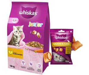 WHISKAS Hrană uscată pentru pisoi Junior cu pui 14kg+WHISKAS Healthy Shine 45g