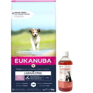 EUKANUBA Puppy &amp; Junior Small/Medium Grain Free 12 kg +LAB V Ulei de somon pentru câini și pisici 500 ml