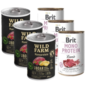 Brit Mono Protein Lamb 3x400g + Wild Farm Monoprotein Wild Boar 3x400g
