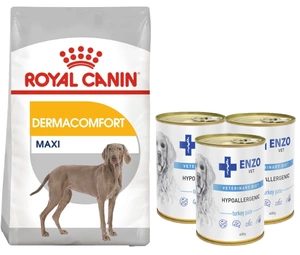 ROYAL CANIN CCN Maxi Dermacomfort 12kg hrana uscata pentru caini adulti, rase mari, cu piele sensibila, +3xENZO VET Dieta hipoalergenică hipoalergenică cu curcan pentru câini 400g predispus la iritații