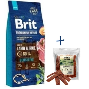 Brit Premium By Nature Sensitive cu miel și orez 15 kg + WILD FARM file de miel 500 g gustare pentru câini