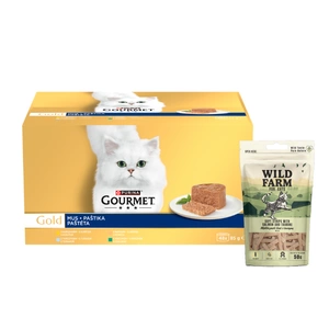 Purina Gourmet Gold Hrană pentru pisici 48 x 85 g + WILD FARM Fâșii moi de somon cu taurină 50 g Gustări pentru pisici