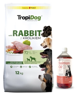 TROPIDOG Premium Adult rase medii și mari bogat în iepure și orez 12kg +LAB V Salmon Oil pentru câini și pisici 1000ml