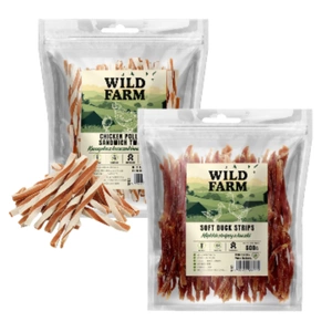 WILD FARM sandviș cu pui și cod 500 g gustare pentru câini + WILD FARM Fâșii moi de rață 500 g gustare pentru câini