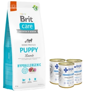 BRIT CARE Hypoallergenic Puppy Lamb 12kg+3xENZO VET Hypoallergenic diet with turkey for dogs 400g