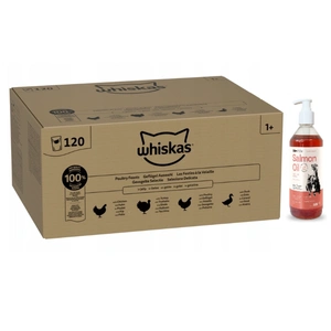 Whiskas Poultry Feast Hrană umedă pentru pisici adulte în jeleu 120x85g + ulei de somon LAB V pentru câini și pisici 500ml