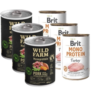 Brit Mono Protein cu curcan 3x400g + Wild Farm Monoprotein Porc 3x400g