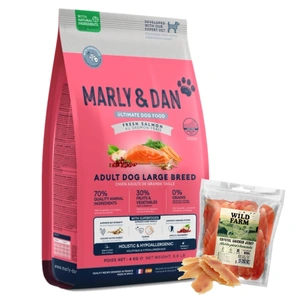Hrană uscată Marly & Dan pentru câini adulți de talie mare, cu somon proaspăt, holistică și hipoalergenică, 12 kg + piept de pui moale WILD FARM 500 g