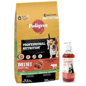 Hrană uscată PEDIGREE pentru câini de talie mică cu carne de vită și legume 12 kg+LAB V Ulei de somon pentru câini și pisici 500 ml