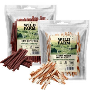 WILD FARM sandviș cu pui și cod 500 g gustare pentru câini + WILD FARM batoane de vită 500 g gustare pentru câini