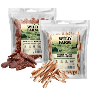 WILD FARM sandviș cu pui și cod 500 g gustare pentru câini + WILD FARM inimioare de rață și orez 500 g gustare pentru câini