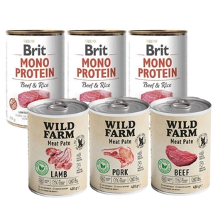 Brit Mono Protein Beef &amp; Brown Rice 3x400g + Wild Farm Pate MIX Flavours 3x400g