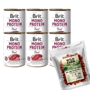 BRIT MONO PROTEIN BEEF 6x400g+WILD FARM lamb rolls 500g tratează câinii