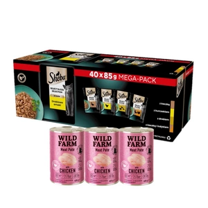 SHEBA Selection Select Slices Săculeți cu aromă de pasăre 40x85g + WILD FARM Pate cu pui 3x400g