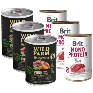 BRIT MONO PROTEIN BEEF 3x400g + Wild Farm Monoprotein Pork 3x400g