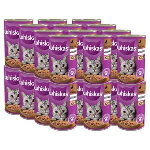 WHISKAS Hrană umedă pentru pisici 1+ cu rață în jeleu 24x400g